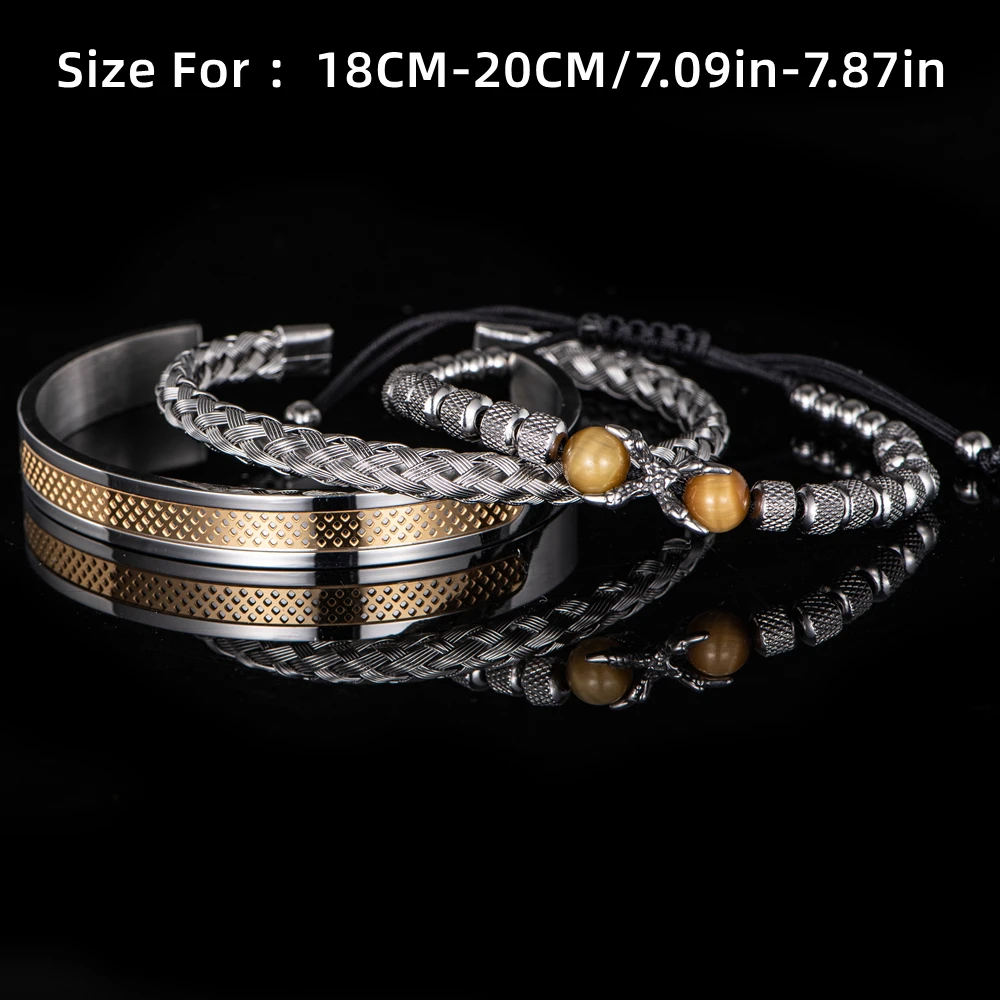 3pcs/set Luxury Set Men Bracelet Stainless Steel Handmade Rope Bangles Men Eagle Bracelets Tigereye Natural Stone Accessories