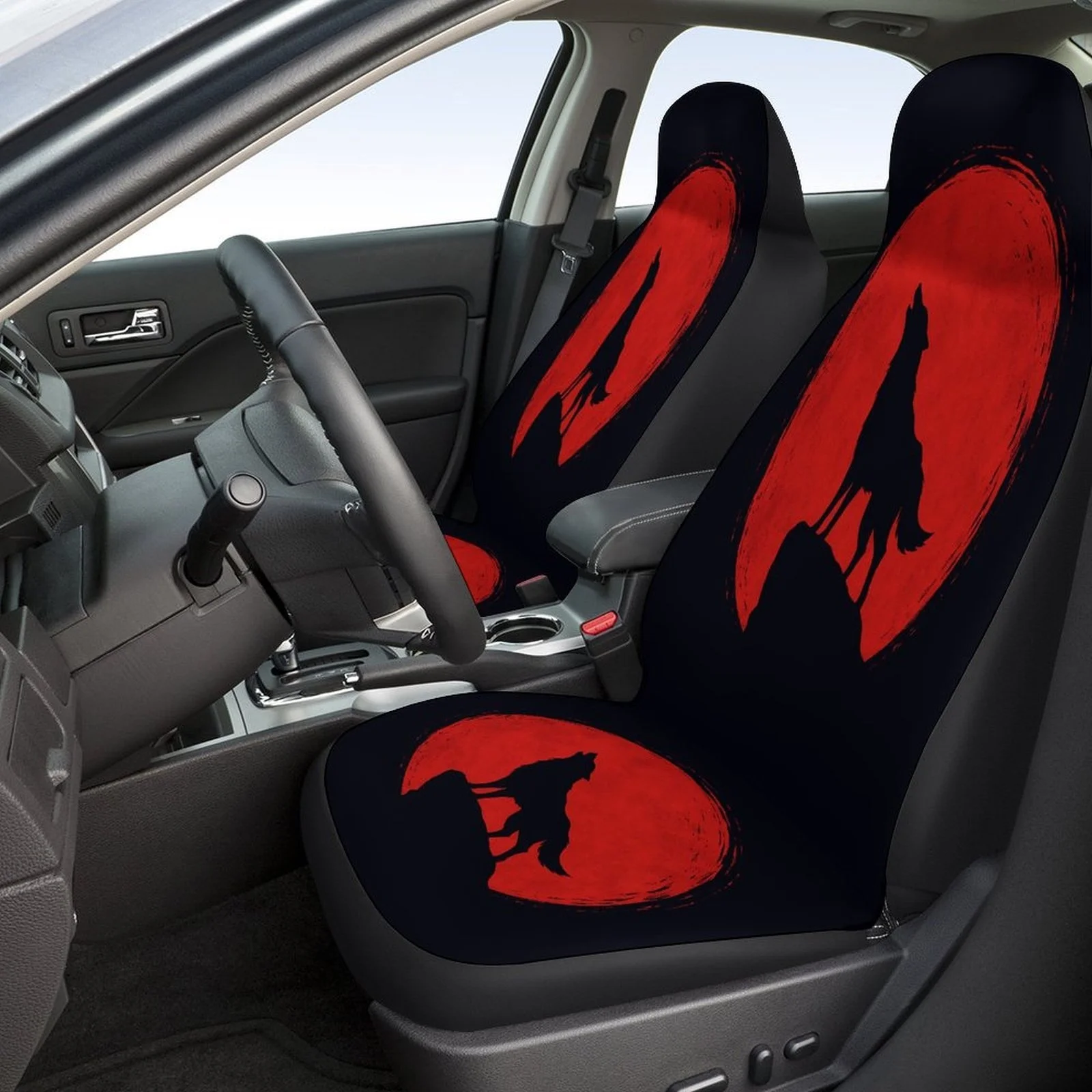 Wolf Moon Silhouette Designed Car Seat Cover Set For Most Cars, Trendy Novelty High-quality Car Seat Protector Covers Full Set,