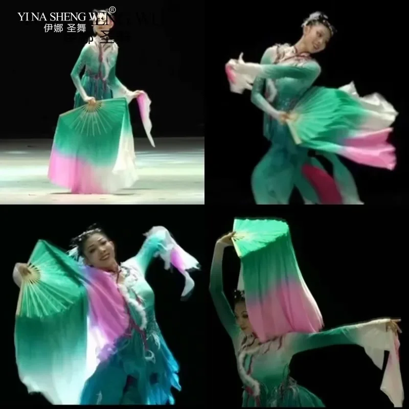 Voile d'éventail en soie pour femmes adultes, Double face en soie véritable, teinture pour les mains en bambou, vert, rose, fluide, main droite, accessoires de spectacle de danse