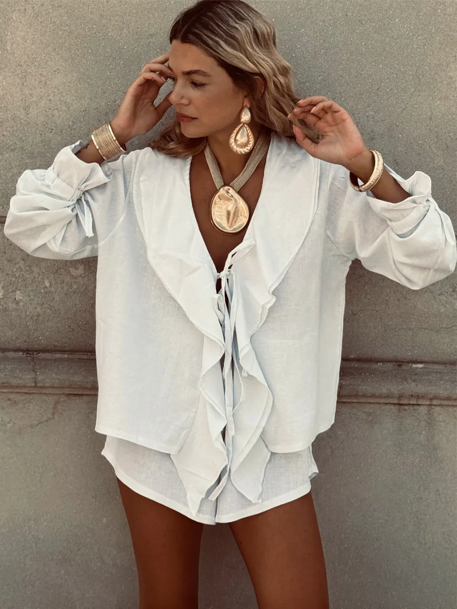 

Bornladies 2026 Spring Summer New Cotton Shirt Set Fashion Ruffle Lace Top Loose Shorts Set