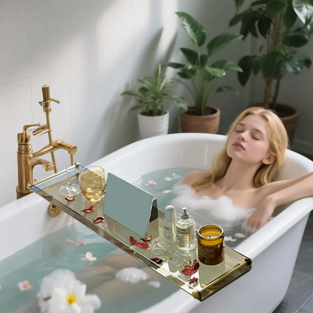 

Luxury Bathtub Tray with Gold Handles, Black Transparent Acrylic Bath Caddy for Relaxing Spa Experience
