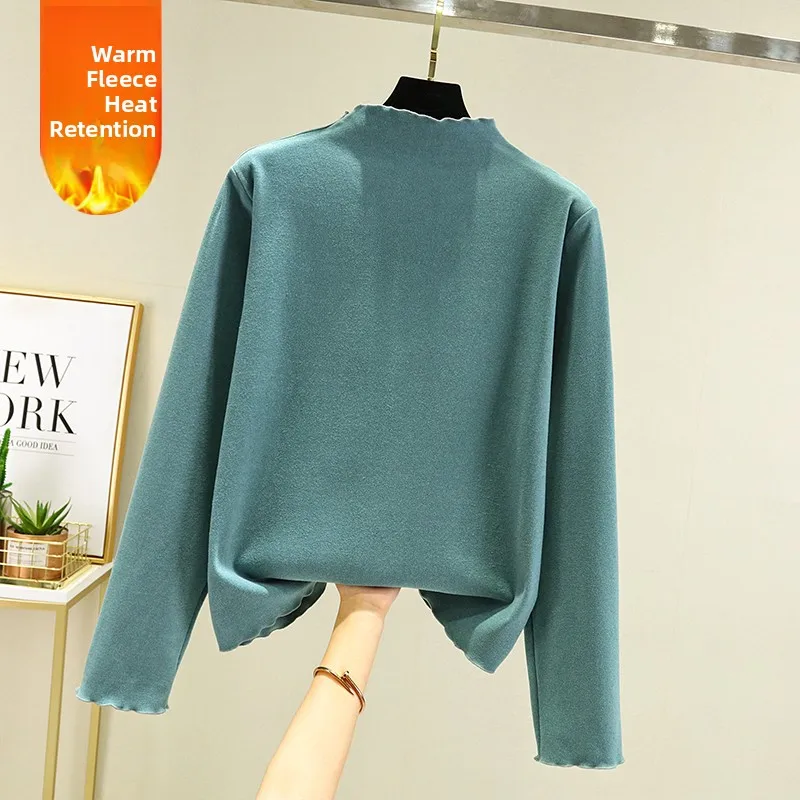 Thiened Double-Sided Fce f-High Collar Base irt Women's Inner Wear Velvet Long Sve T-irt Warm Heating Top