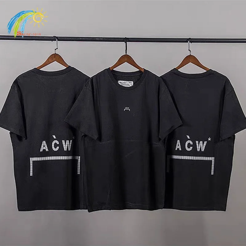 Men Women Streetwear Oversized Fashion T-Shirts Industrial Style Grid Reflective Logo ACW T Shirt Tee Top Black