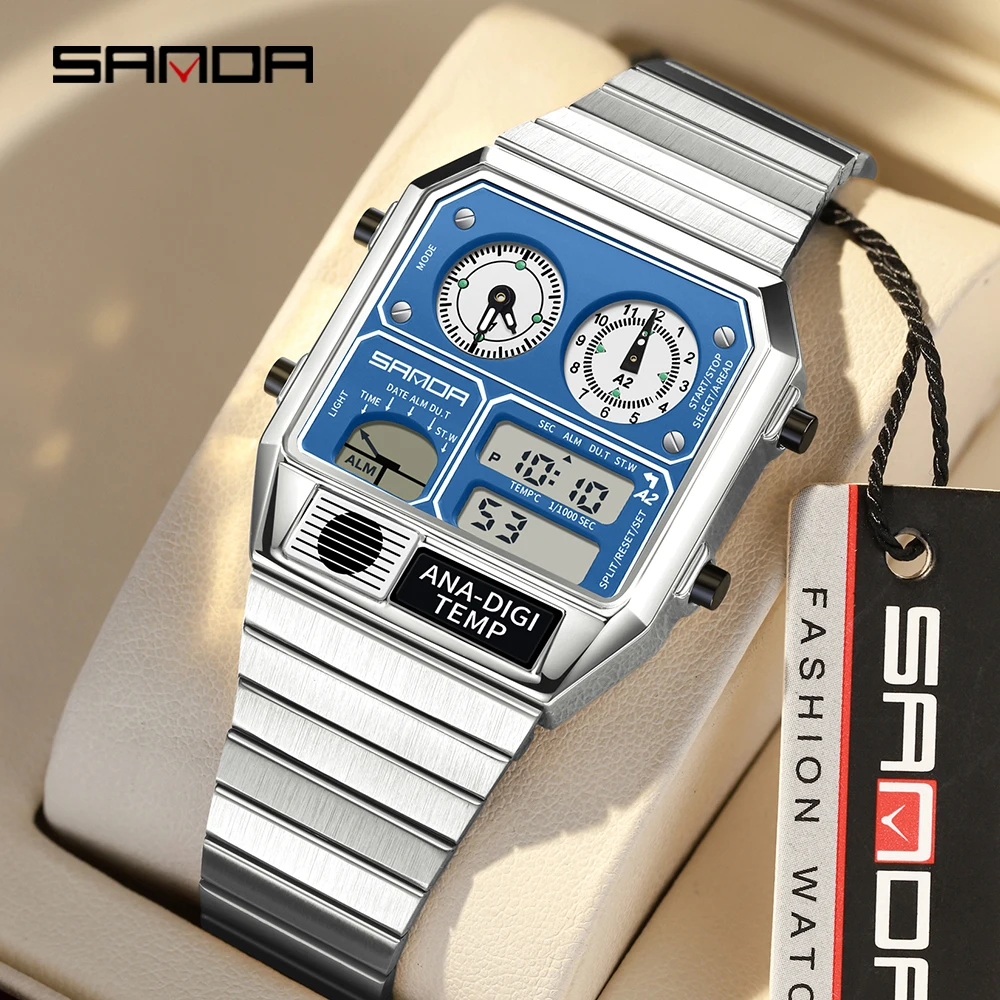 Reloj electrónico deportivo SANDA a la moda con pantalla Dual para hombre, reloj electrónico multifuncional resistente al agua con luz LED nocturna para hombre 3192