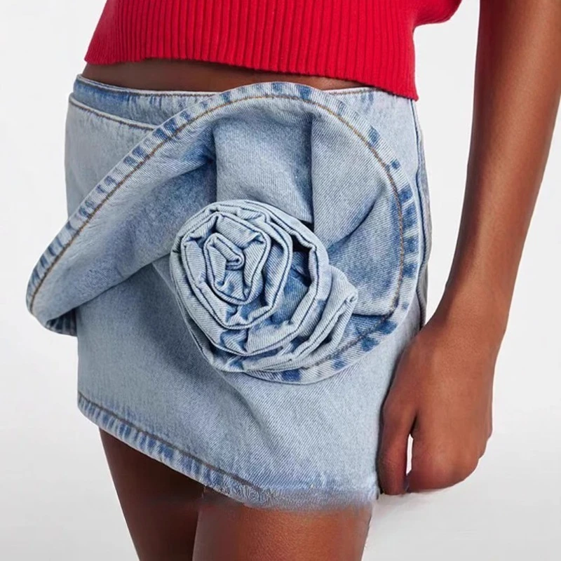 

Women's Spring Summer New Vintage Romantic Dimensional Spinning Rose Styling Washed Denim Mini Bustle Skirt Fashion Everyday