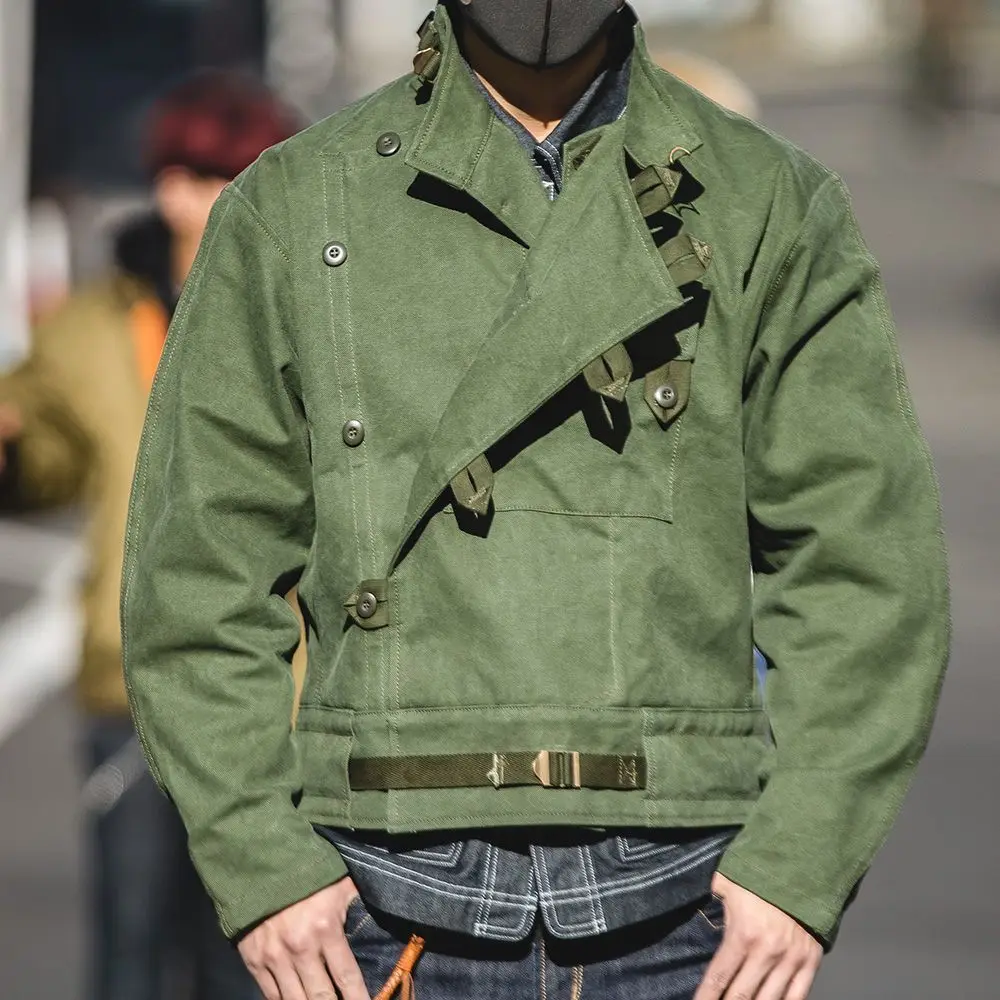 Men's Vintage 16oz Canvas Biker Jacket Olive Green Military Workwear Outdoor Spring Autumn Coat with Belted Hem Big Front Pocket
