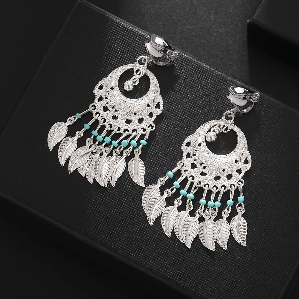 2024 Vintage Ethnic clip on Earrings for Women Round Turquoise Bohemian Handmade Tassel Earrings Party Wedding Ear Jewelry