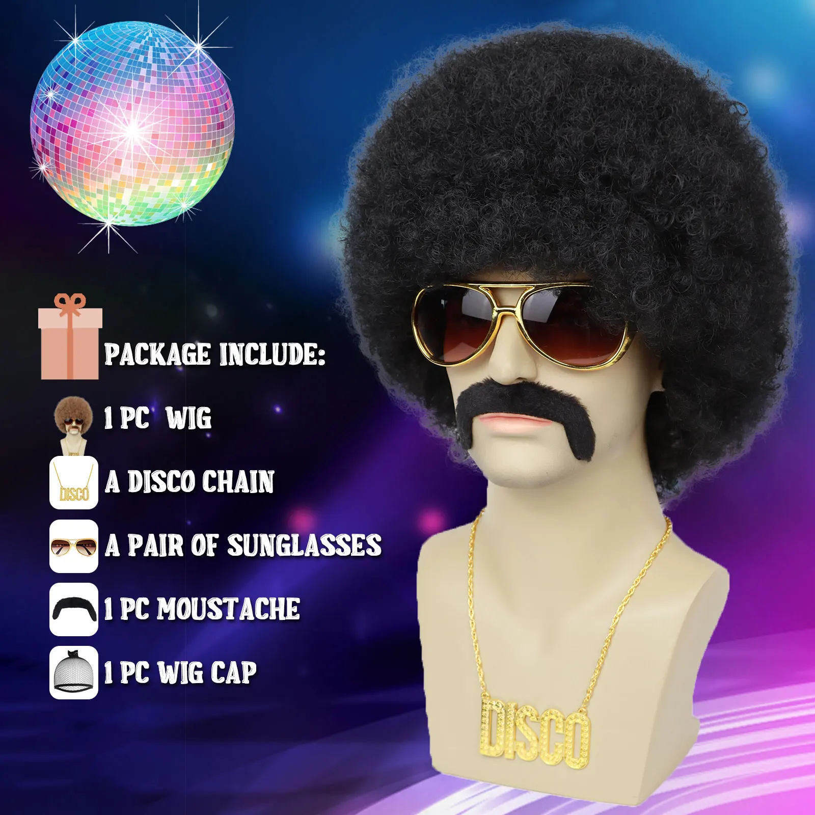 Mens Afro Wig for 70s Rocker Disco Party 5pcs Set Synthetic Afro Puff Wig for 70s 80s Halloween Costume Cosplay Party Use image 4