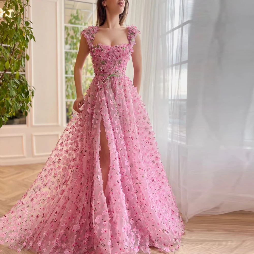 Vestido de noite rosa de flores femininas, vestidos de baile, gola quadrada, sem mangas, vestidos de tule, linha A, comprimento do chão, fenda frontal, emagrecimento