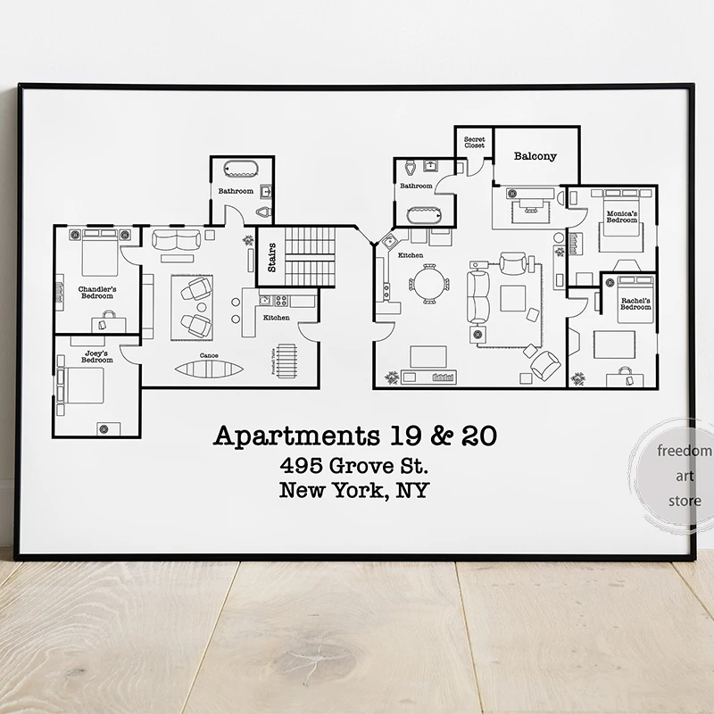 Vintage Floor Plan Friends Tv Series Apartment 19 & 20 Chart Art Posters Canvas Painting Wall Prints Picture for Room Home Decor