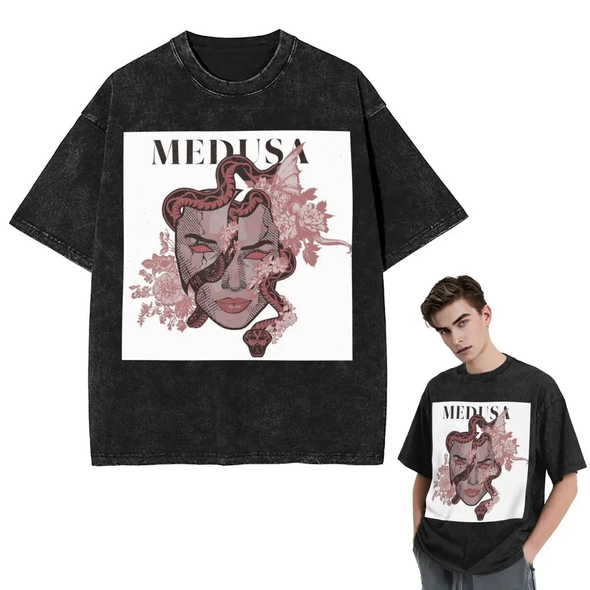 

Уличная одежда Футболки Медуза Тату Медуза Змеи Скорпионы Глаза Роза Стираная футболка с коротким рукавом Топы в стиле хип-хоп Футболки для мужчин и женщин