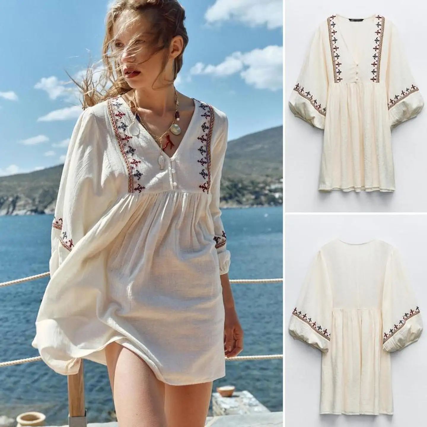 Women’s Loose Fit Short Dress – V-Neck Embroidered Panel Mini Dress, Casual Flowy Boho Style Tunic Dress