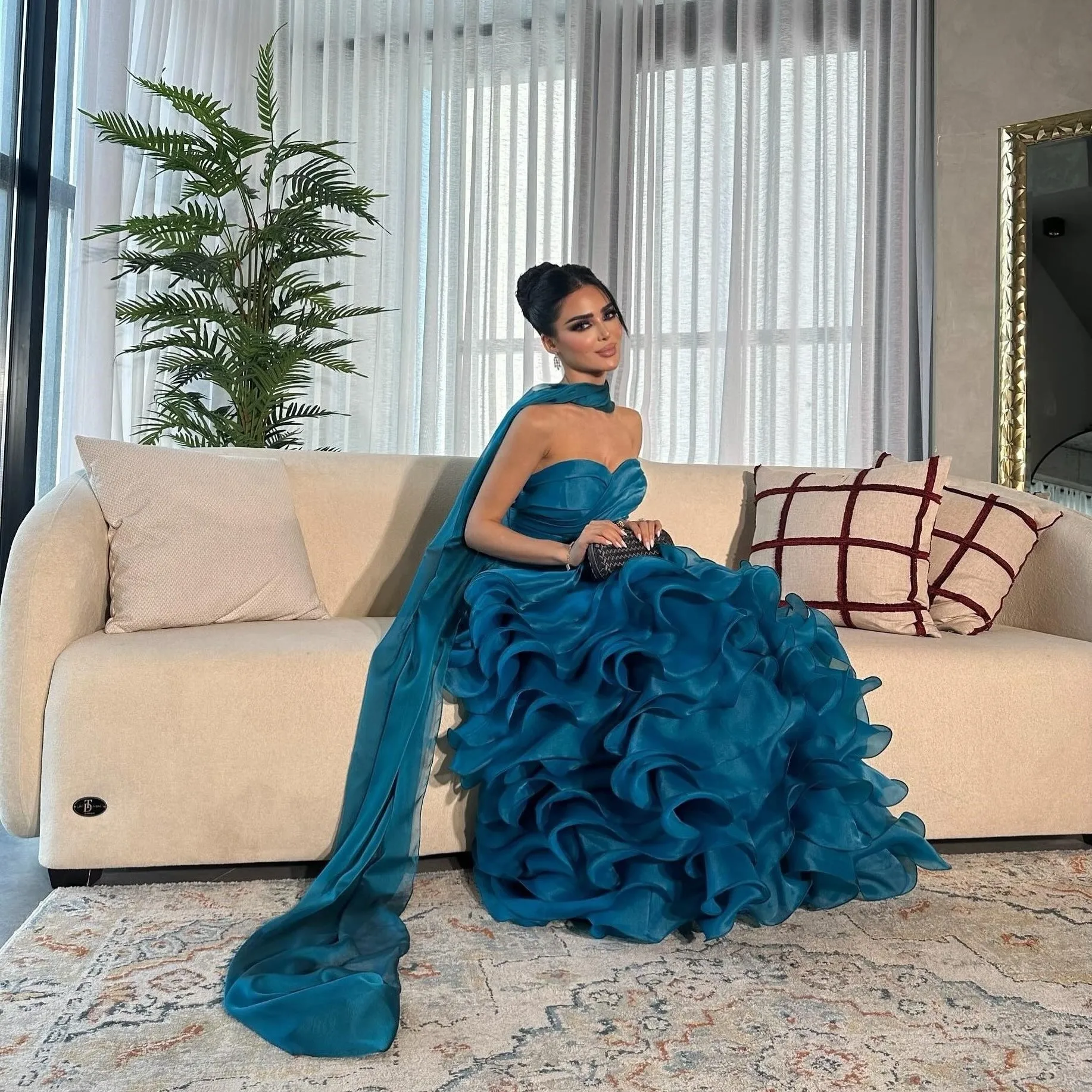 Long Evening Dresses With Voluminous Organza Bottom Arabic Elegant Teal Layered Ruched Formal Party Dress Maxi Gowns 2024