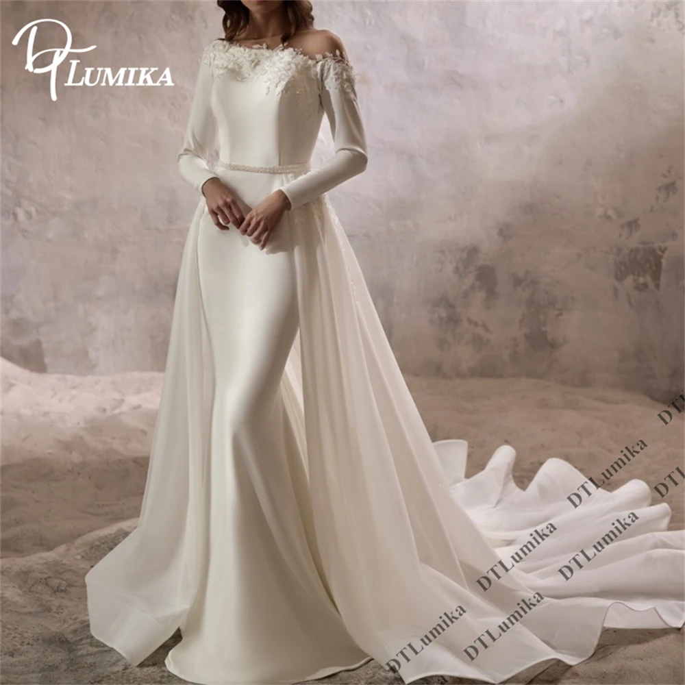 

Свадебное платье DTLumika из атласа с прозрачным вырезом горловины и длинными рукавами, индивидуальный пошив, женское свадебное платье, свадебное платье со съемным шлейфом из органзы