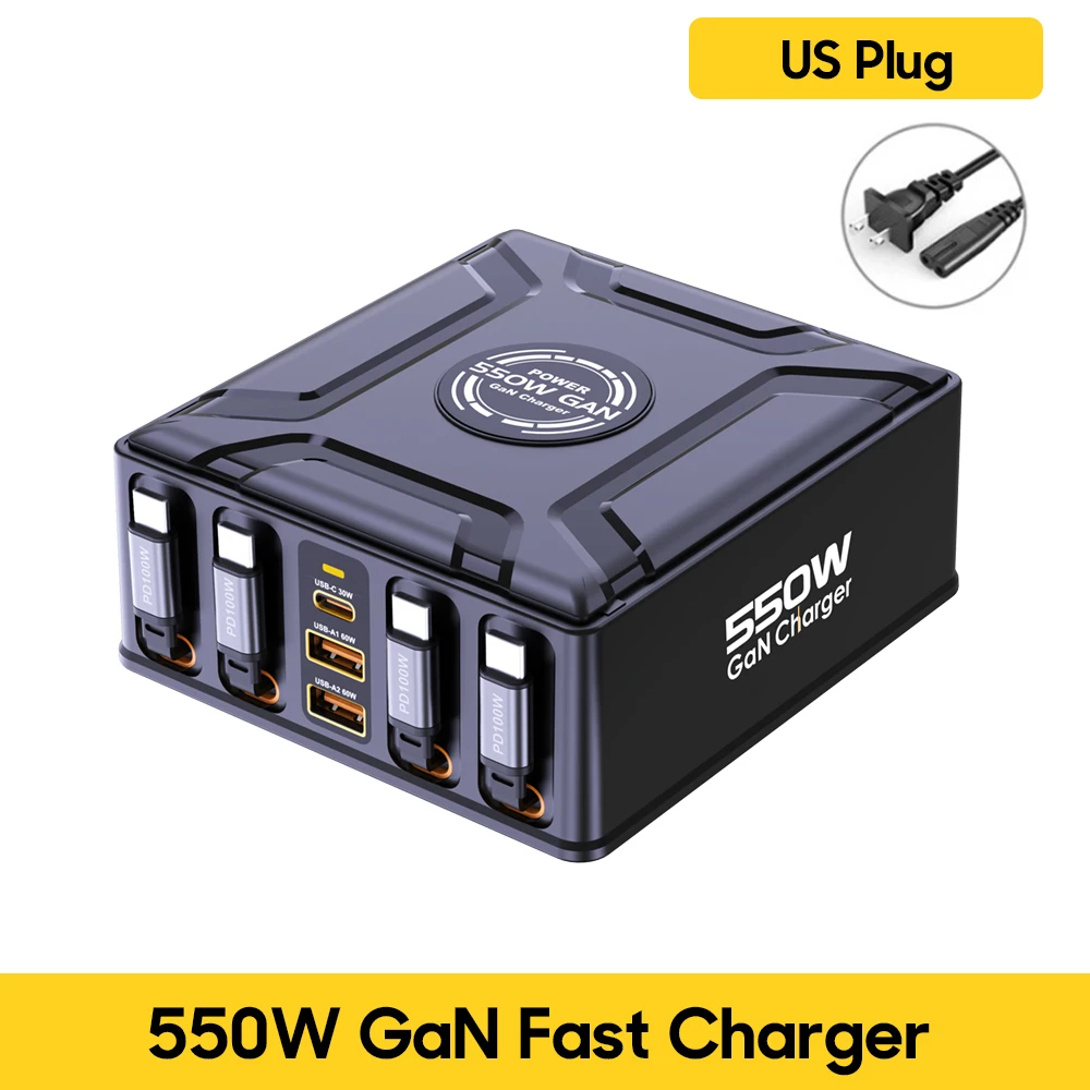 550W 7-in-1 oplaadstation met 100W intrekbare USB-C kabel GaN snellader voor MacBook Pro, iPhone 17, Samsung laptop en tablet