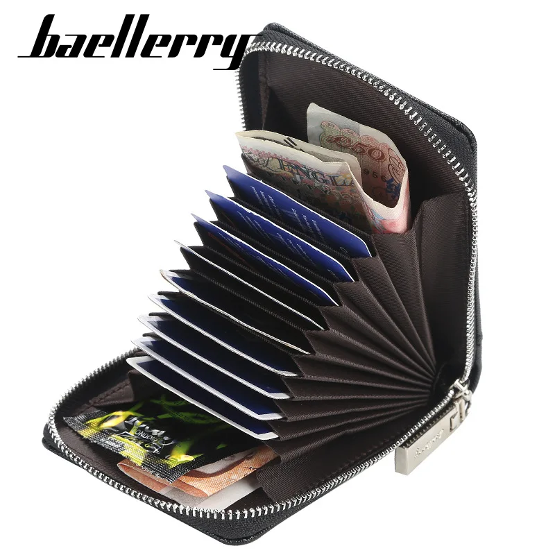 Baellerry Mini Men Card Wallets Name Print 9 Card Holders Zipper Card Wallet PU Leather Thin Male Card Purse Mini Carteria