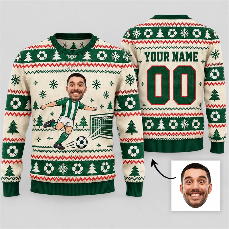 Custom Christmas Soccer Sweater Personalized Photo Name Number Football Ugly Xmas Crewneck Holiday Gift Sports Fan Pullover Top