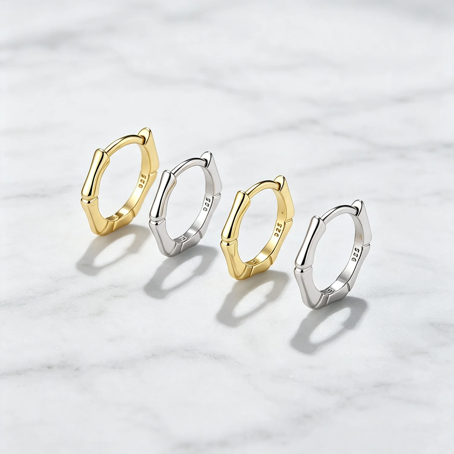 925 Sterling Silver Bamboo Texture Plain Huggie Hoop Earrings Women Minimal Dainty Stacking No Stone Jewelry Gift
