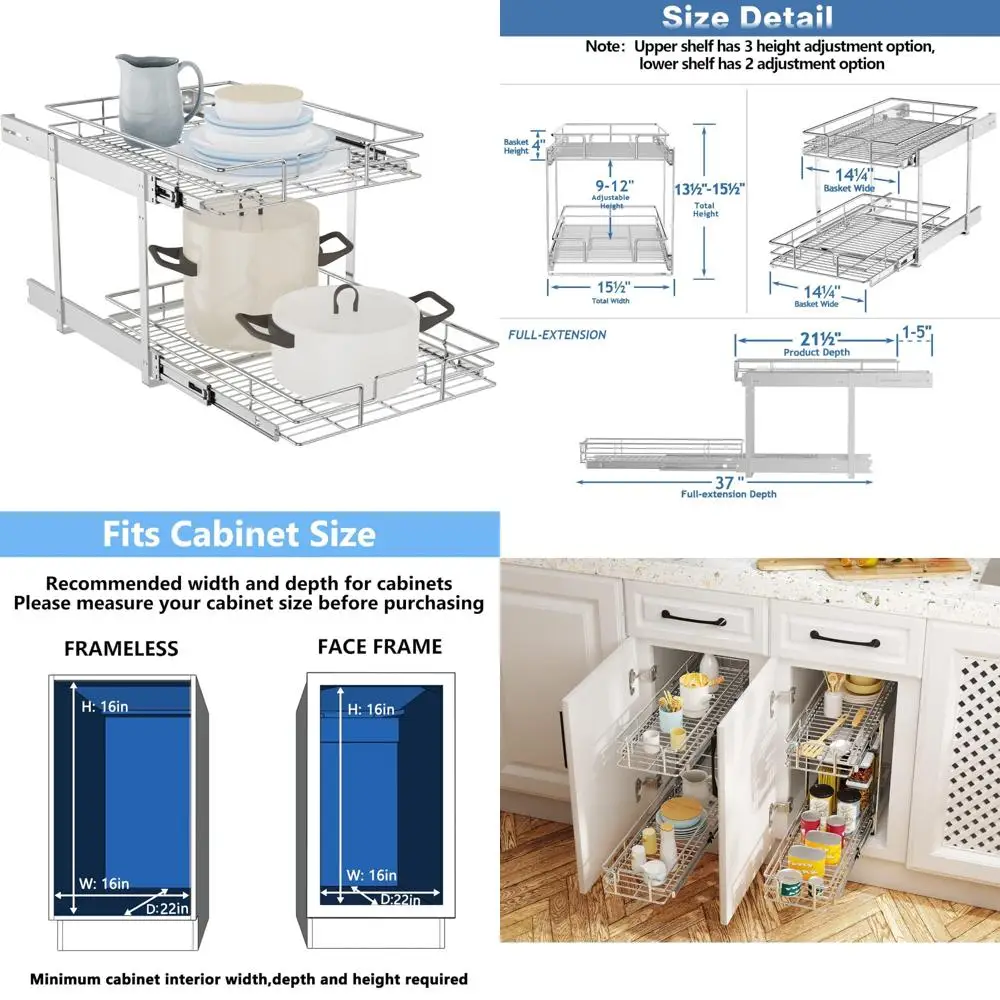 منظم خزانة منزلق بطبقتين للأواني والمقالي وحلول تخزين المطبخ