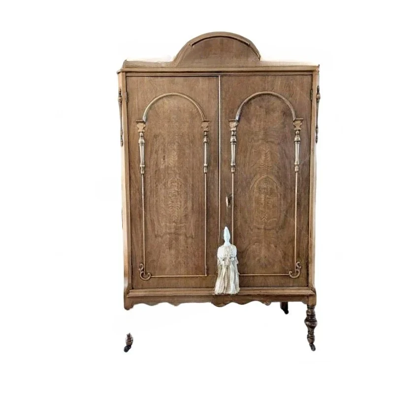 French retro solid wood double door porch cabinet, carved decorative cabinet, floor-to-ceiling locker wardrobe