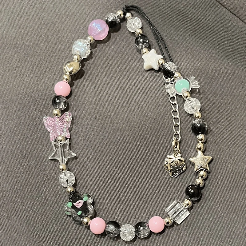 Korea Purple Beaded Flower Candy Butterfly Bracelet Phone Chain Pendant For iPhone Universal Accessories Chain Stylish Jewelry
