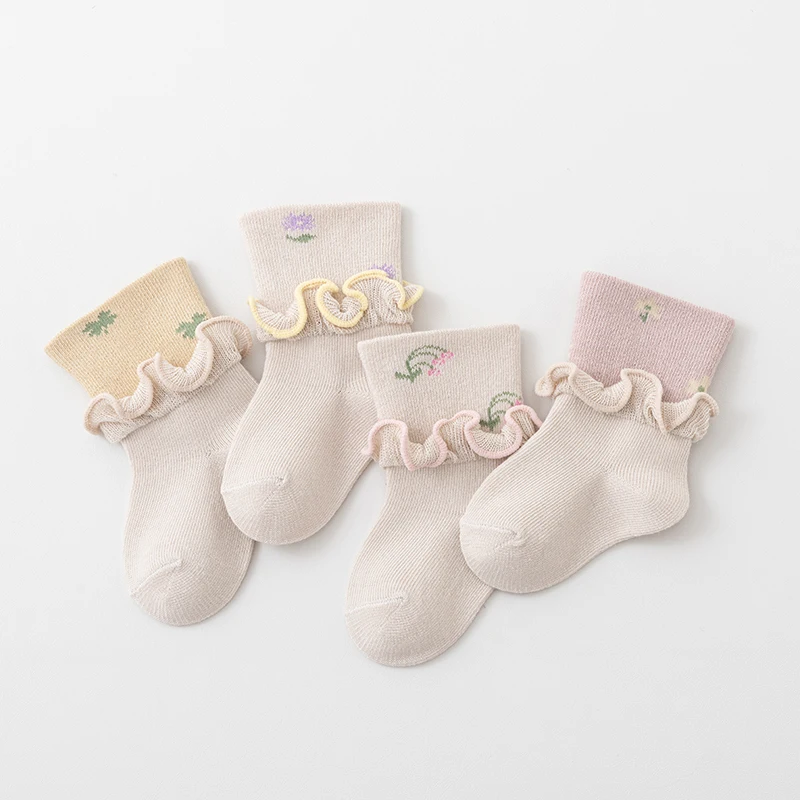 3 Pairs/lot 0-3Y Newborn Baby Socks Spring Autumn Pure Cotton Cute Double Layered Ear Edge Flower Contrast Color Kids Socks