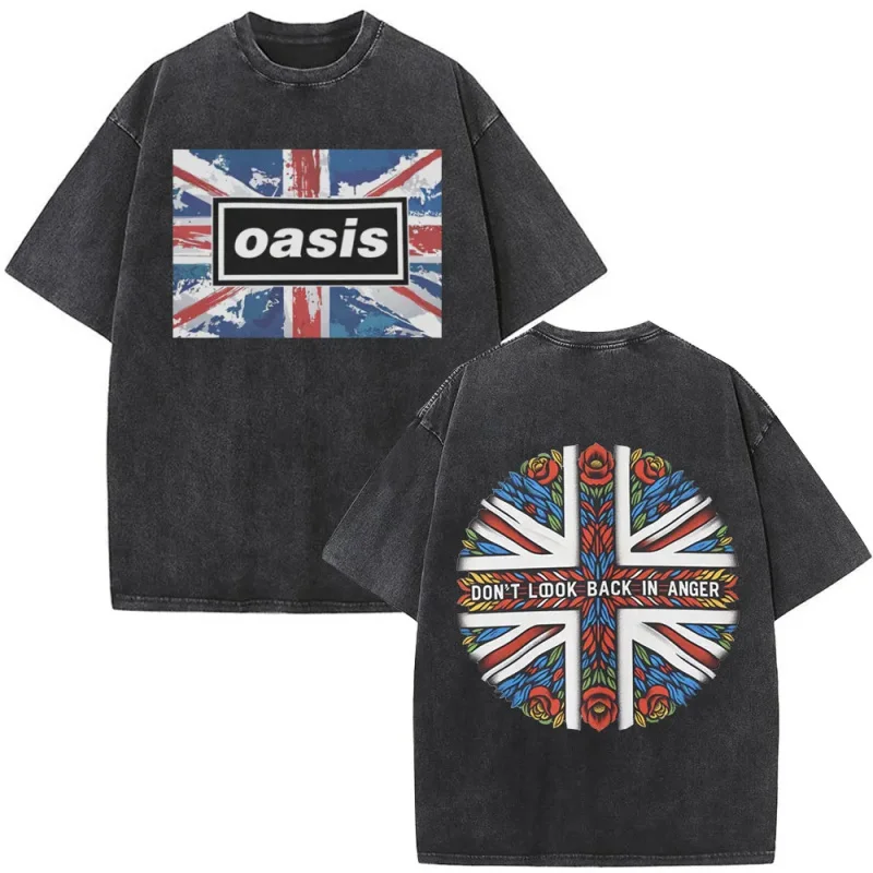 

Oasis Absolute Maybe Rock Band American Trendy Printed Washed T-Shirt For Men Cotton Oversized Loose Round Neck Short Sleeve Top