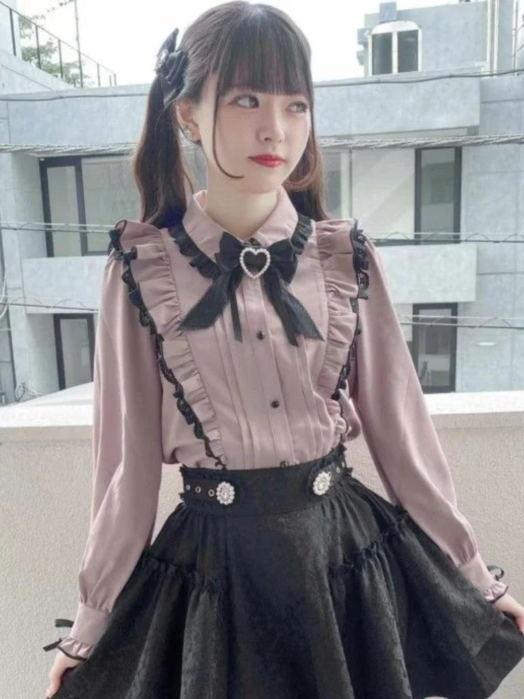 Y2k Pink Bow Blouse Women Japanese Kawaii Lace Ruffle Shirt Harajuku Cute Ladies Tops 2024 Lolita Blusas Femme Camisas Mujer