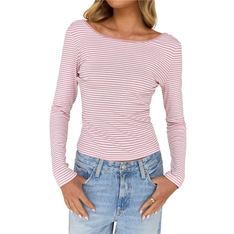 

CGS-Women's Summer Fall Long Sleeve Boat Neck Stripe Shirts Casual Slim Fit Backless Rib Knit Tops