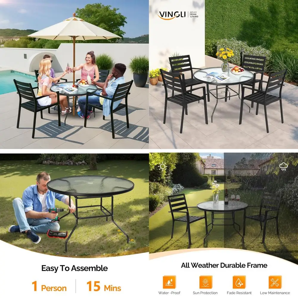 

Всепогодный уличный обеденный стол, круглый, диаметр 40 дюймов, с отверстием для зонта, столешница из закаленного стекла, подходит для сада, веранды, балкона, террасы