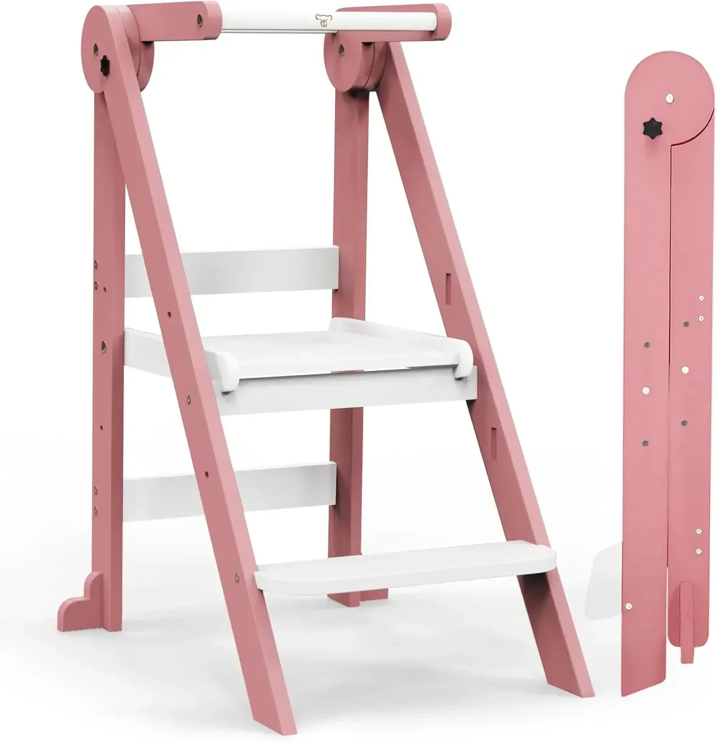 Toddler Kitchen Stool Helper, Tower with 3 Adjustable Height, Wooden Step Stool, Collapsible