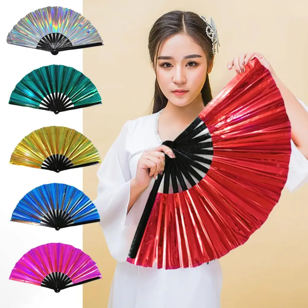 Folding Fan Chinese Fan 13 Ribs Burr Free Transparent 13 Inch Large Shining Rave Hand Fan Outfit Accessories Performance Prop