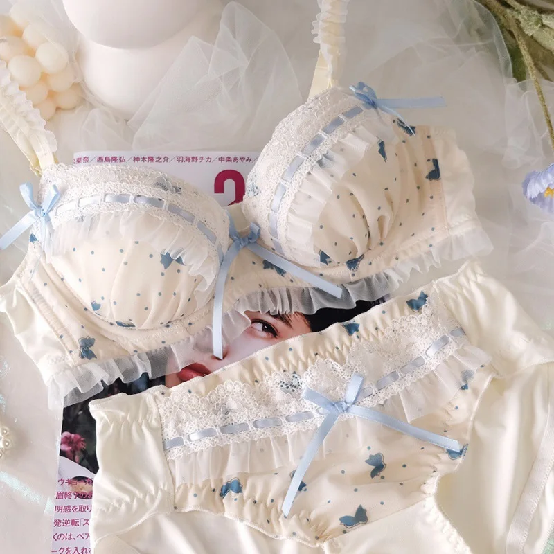 Lolita Girly Lingerie Girly Japanese Cute lace Lace small chest pull together no underwire sweet bra set