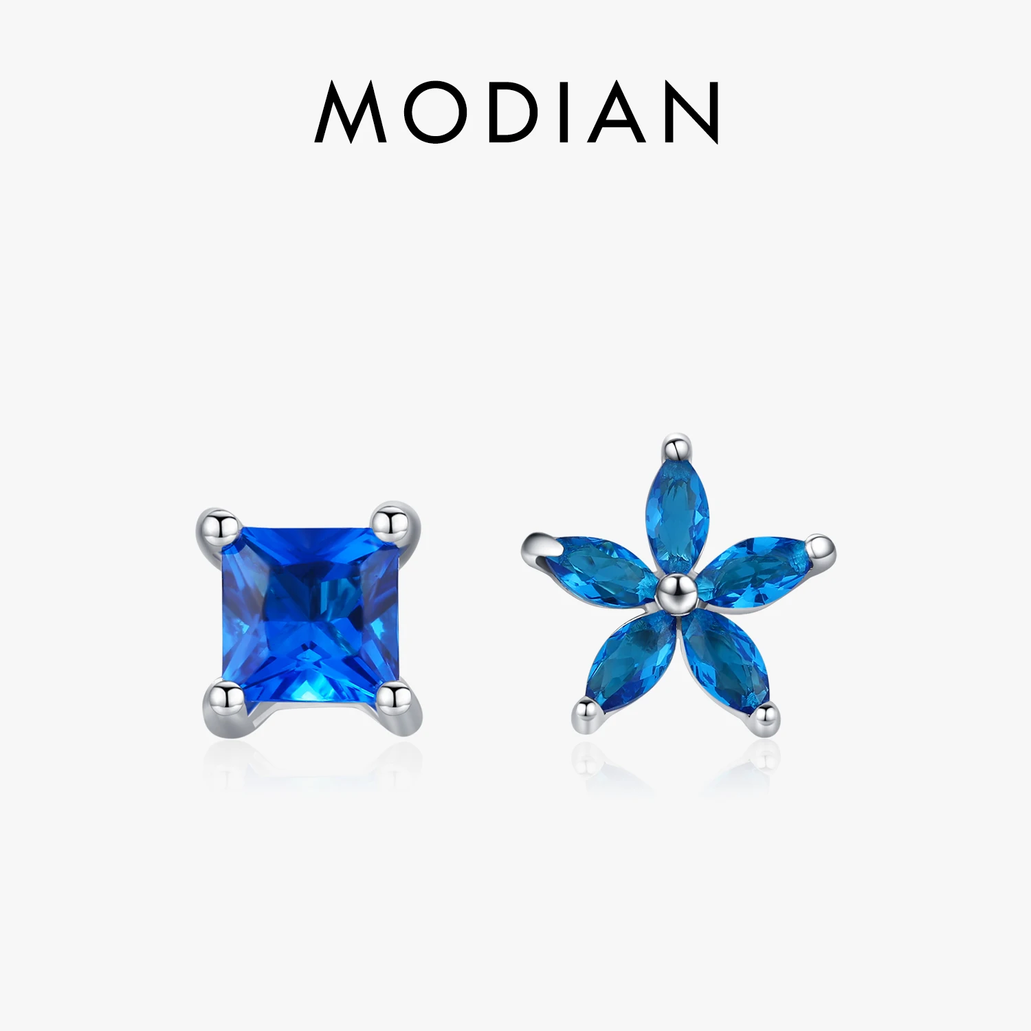 

MODIAN 925 Sterling Silver Asymmetry Square & Flowers Blue Zirconia Stud Earrings Trendy Exquisite Earrings For Women Jewelry