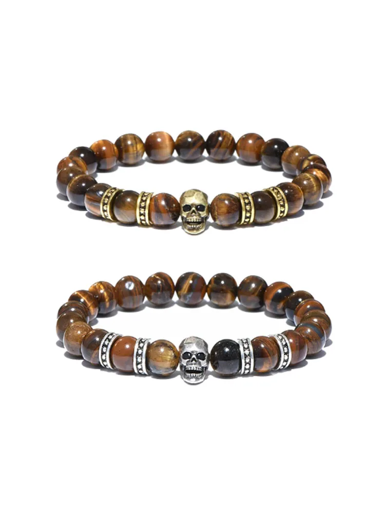 AliExpress Noter Vintage Skull Bracelet For Men Grade A 8mm Natural Tiger Eyes Stone Braclet Hiphop Rock Outdoor Sports Cycling Accessories Joias