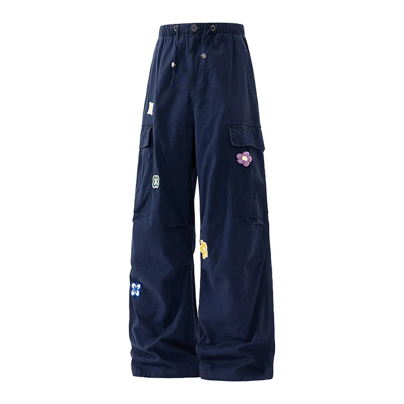 

Three-dimensional Small Flowers Embroidered Washed Work Pants for Couples Slimming and Versatile Pure Cotton Straight-leg Pants