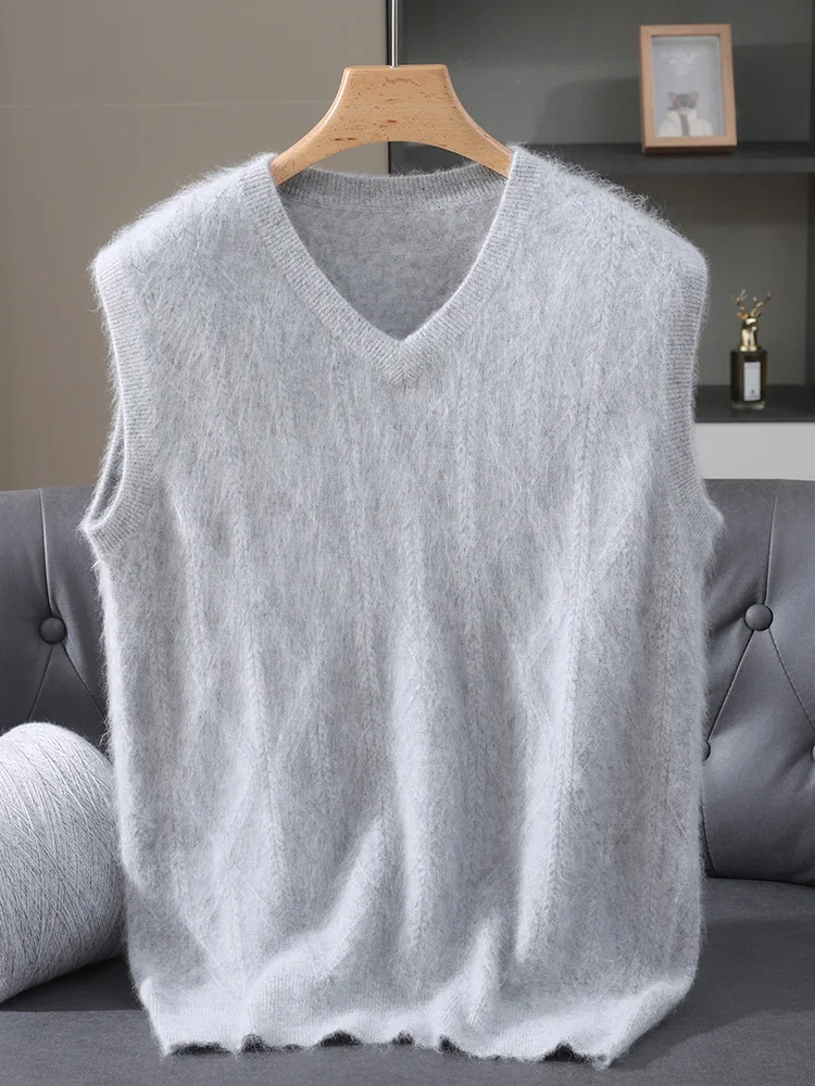TLOML New Men's 100% Mink Cashmere Vest V-Neck Solid Cable Knit Pullover Casual Soft Autumn Winter Mink Cashmere Sleeveless Tops