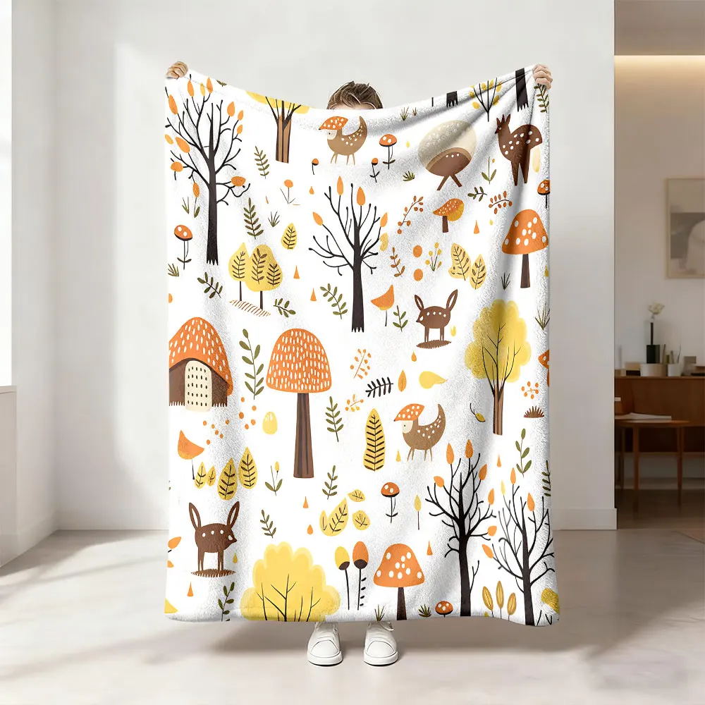 1pc autumn forest deer and mushroom cartoon print flannel blanket lounging on the sofa or taking a nap during breaks