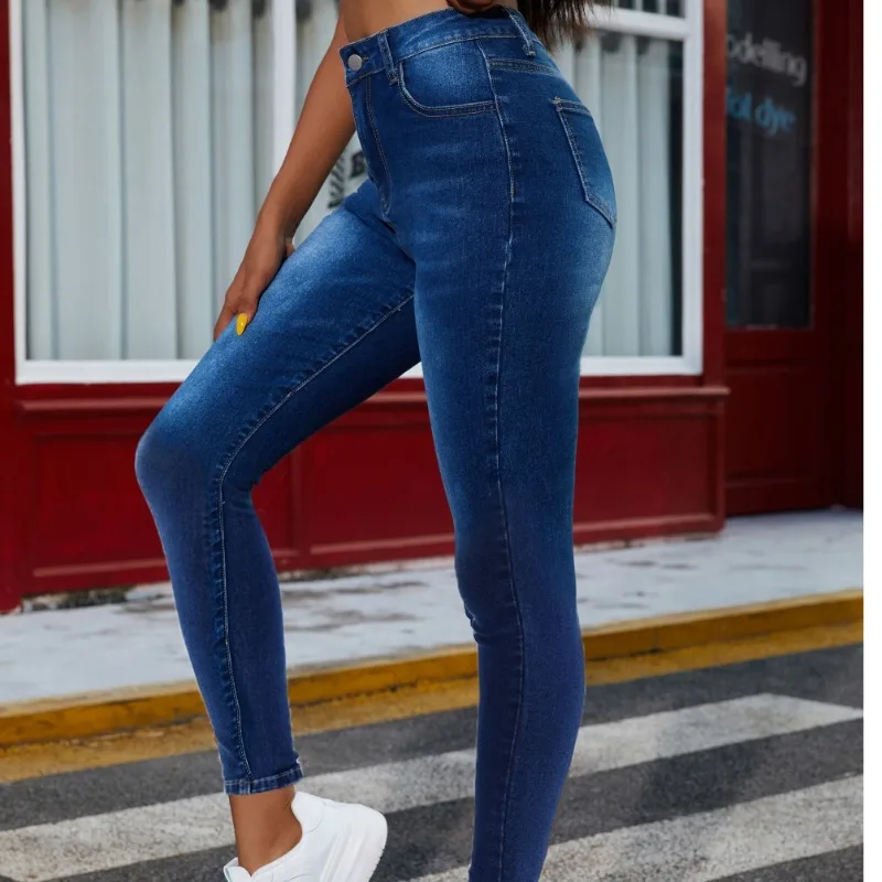 Womens Washed Blue High Waist Stretch Skinny Jeans Vintage Whiskering Butt Lifting American Style Slim Denim Long Pants