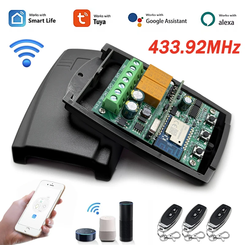 

Universal Tuya 433MHz Smart Switch Module Wifi Relay 2CH Garage / Gate Remote Control Receiver 433.92MHz Gate Opener Controller