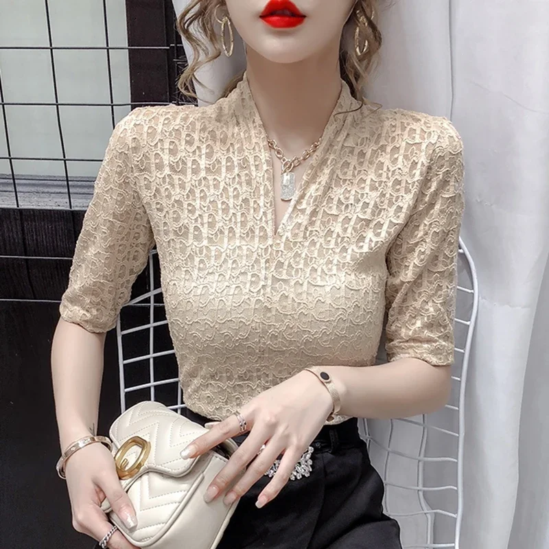 Hollow Out Summer Lace Blouses Womens 2024 Fashion Streetwear Transparent White Ladies Tops Korean Slim Sexy Black Blouse XXL