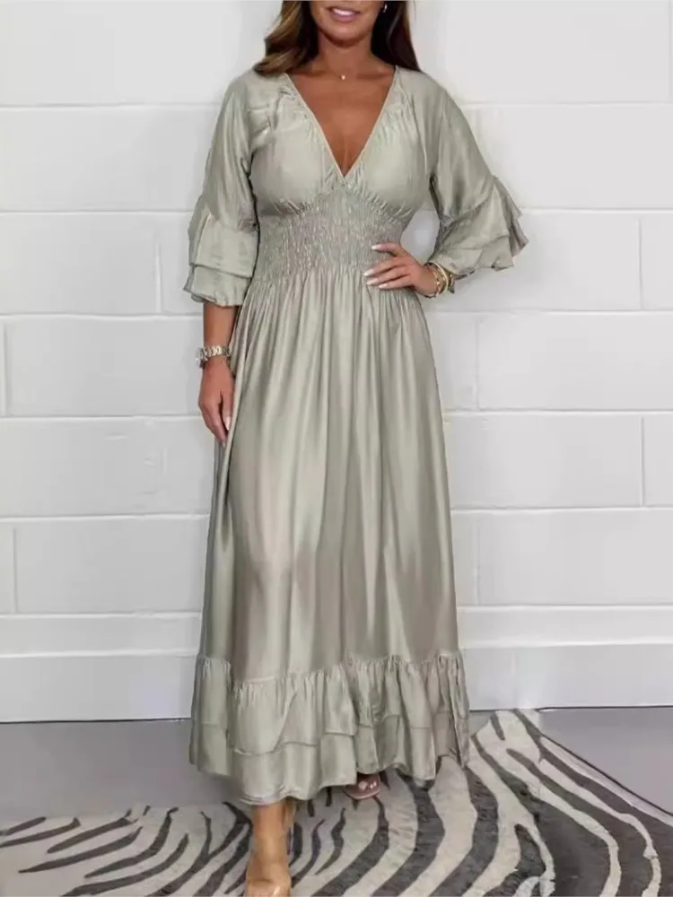

Women's Fashion Temperament Satin V-neck Ruffle Dress Summer Elegant Simple Solid Color Commuting Elastic Waist Dresses