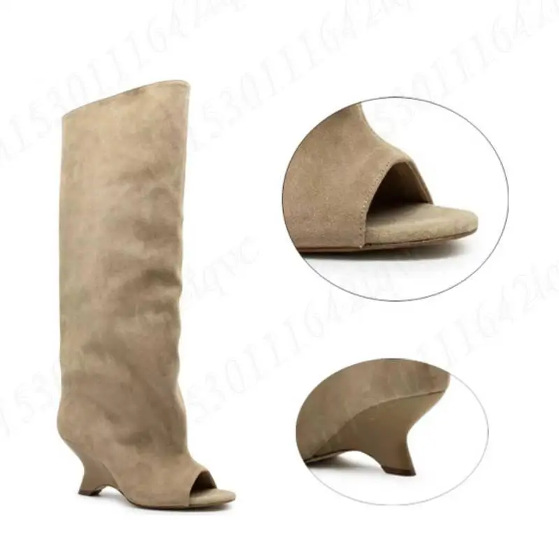 

Modern Women's Boot Hollow Out European Faux Suede Peep Toe Knee-High Shoes Fashion Show Thick High Heels Length Cool Boots