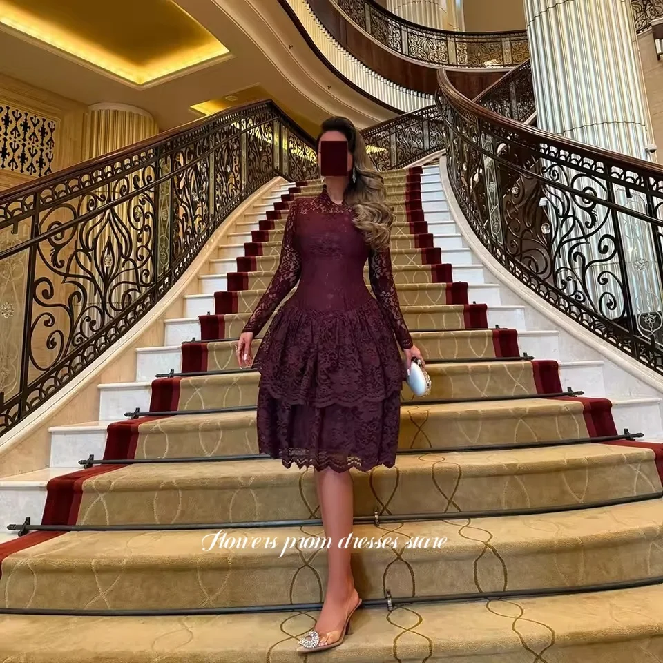 

Flowers Long Sleeve Party Dress Lace High Collar Evening Dress Lace Short Robe De Soirée Dress فساتين مناسبة رسمية Customized