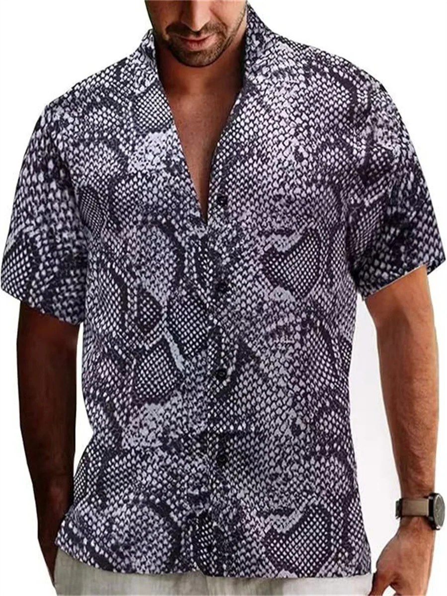 

New men's fashion slim fit snake skin pattern shirt, casual breathable, lapel button, short sleeve shirt, comfortable, soft fabr