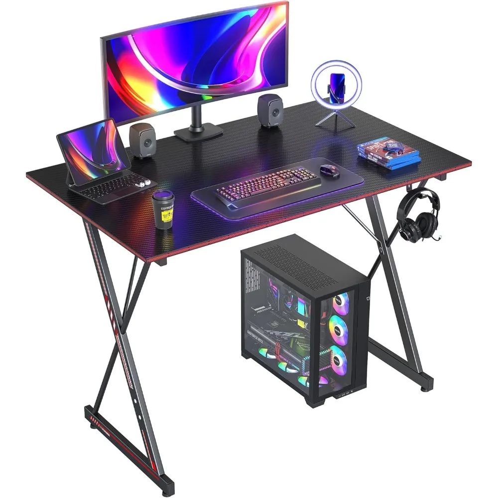 

47-Inch Carbon Fiber Gaming Desk with Headphone Hook, Sturdy Steel Frame for Home Office Workstation