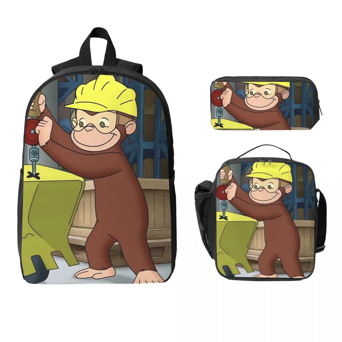 Anime Curious George Monkey Backpack Boys Girls BookBag School Bag Computer Shoulder Bags 3ps Insulated Lunch Bag Pencil Case