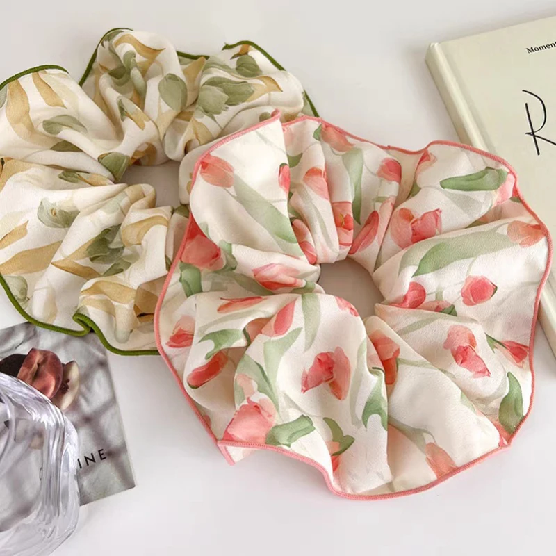 

Ins Hot Selling Simple Sweet Tulip Fabric Scrunchie Fashion Wooden Ear Edge Tie Hair Rope Elastic Hair Accessories