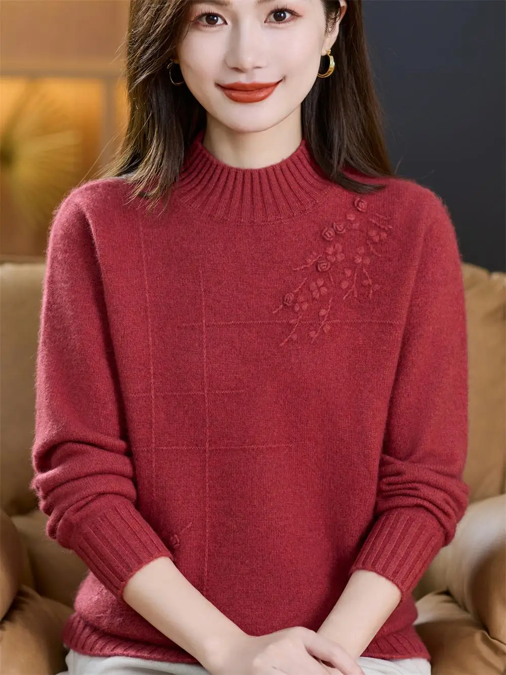 

Осенне-зимний вязаный топ Thiened Camere Base irt f с высоким воротником и вышивкой для женщин среднего возраста и ly