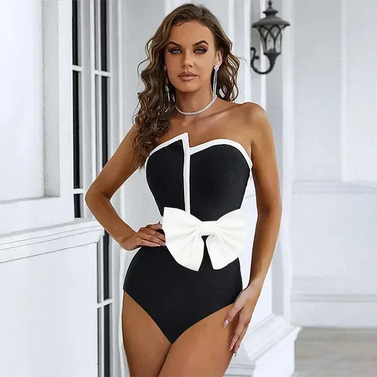 2024 Costume da bagno vintage Nero con spalle scoperte Papillon Costume intero e gonna Set da bagno da donna Vacanza Beachwear Costume da bagno di lusso